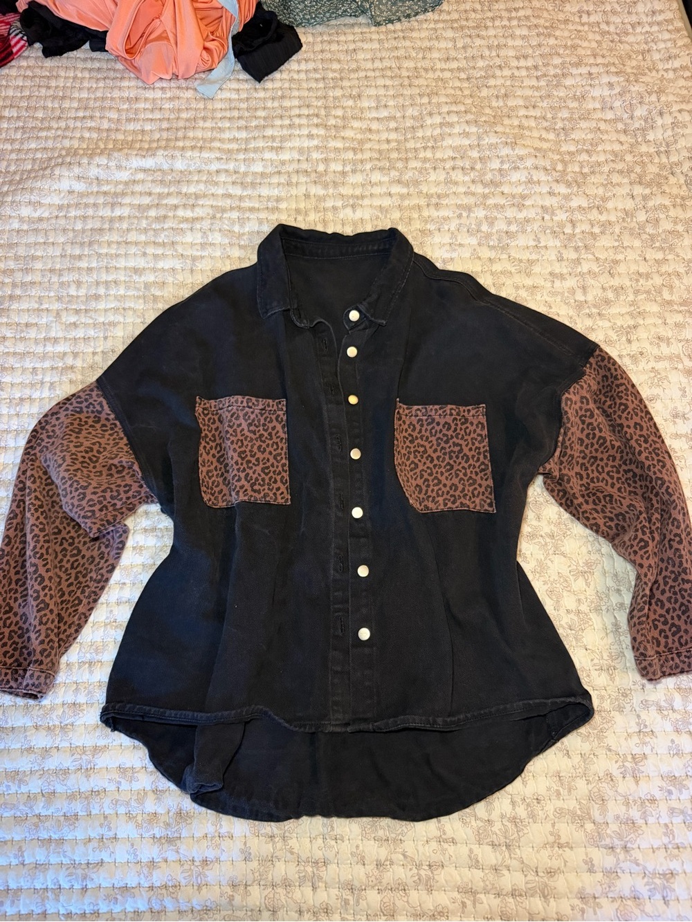 Black Denim Button-Up Jacket with Leopard Print Sleeves 2X